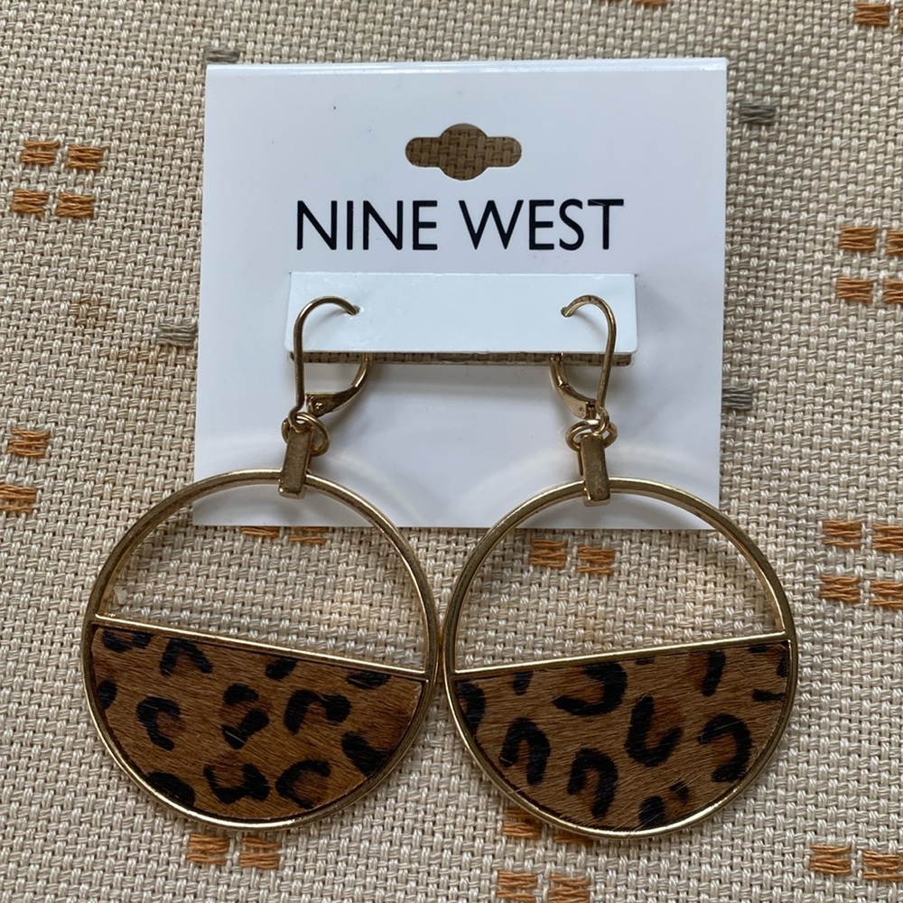 Nine West Cheetah Print Dangle Hoop Earrings - Gold Tone, Pierced